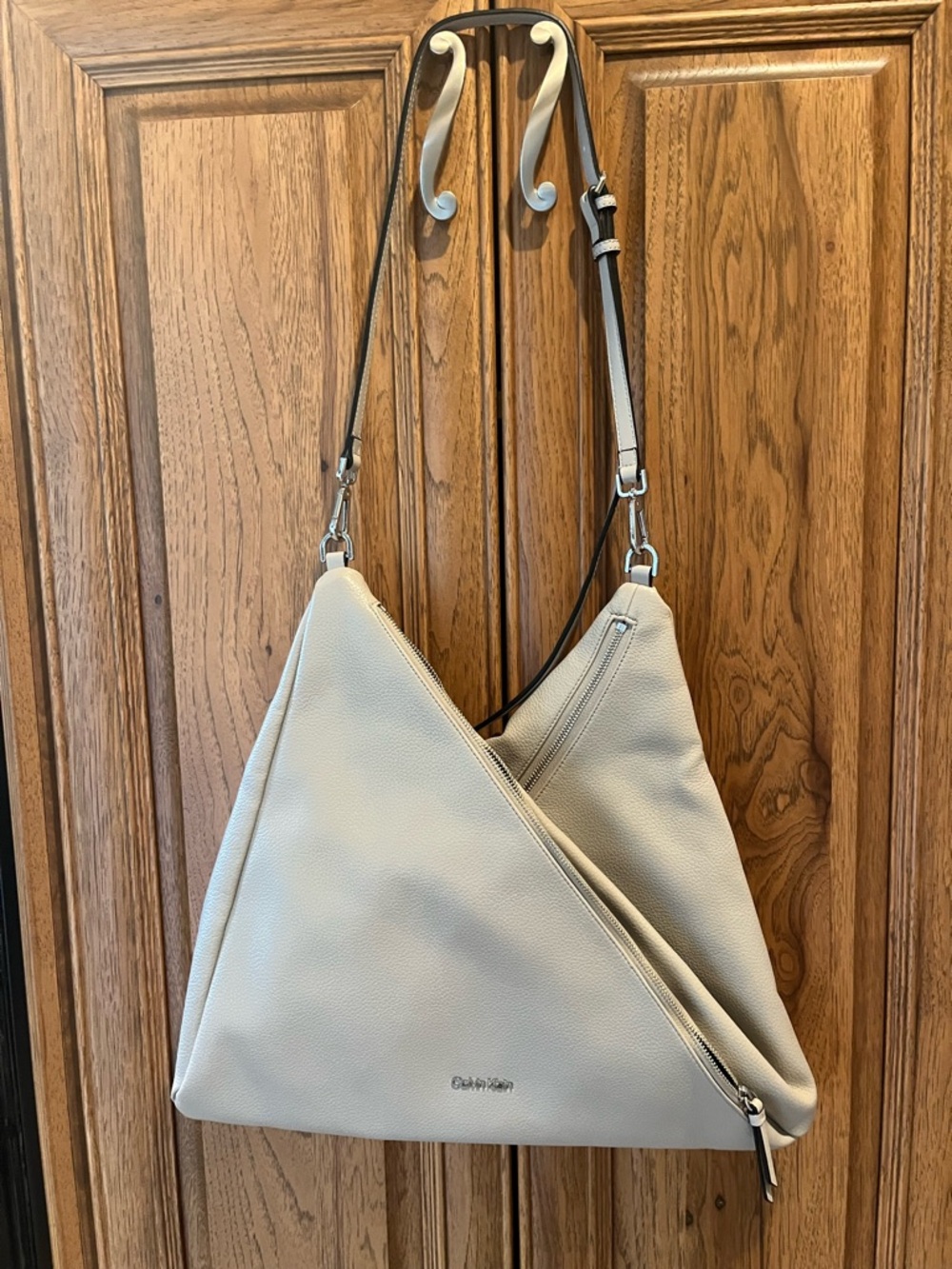 Calvin Klein Cream Faux Leather Asymmetrical Hobo Shoulder Bag